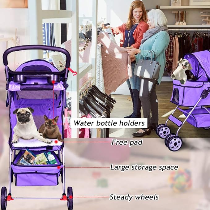 4 Wheels Pet Stroller Cat Dog Cage Stroller Travel Folding Carrier with Cup Holders and Removable Liner for Small-Medium Dog, Cat (Purple)