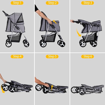 4 Wheels Dog Stroller Folding Pet Strolling Cart for Small Medium Cats Puppies Portable Jogger Travel Camping Puppy Carrier with Storage Basket Cup Holder, Gray