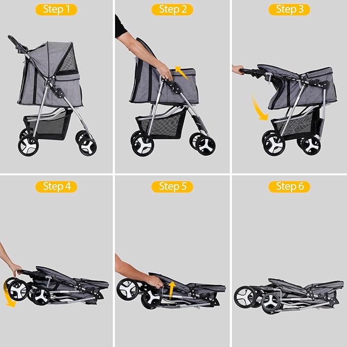 LEMY Pet Stroller, 4 Wheels Dog Cat Stroller with Storage Basket&Cup Holder,Grey Folding Dog Cat Cage Jogger Strollers for Small Medium Dogs Cats Travel