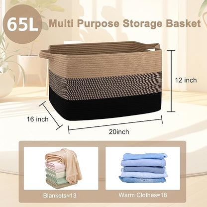 OIAHOMY Large Storage Basket, Cotton Rope Woven Blanket Basket, Toy Bin for Baby Room, Container for Blanket Storage in Living Room, 20''×16''×12'', Brown & Black