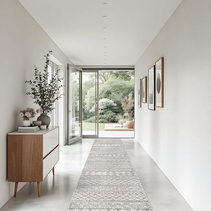 Washable Runner Rug 3x20 - Extra Long Runner Rugs for Hallways Low Pile Rug with Rubber Backing Floor Mat Non Slip Moroccan Indoor Carpet for Kitchen Bedroom Entryway 3x20 Geo Grey