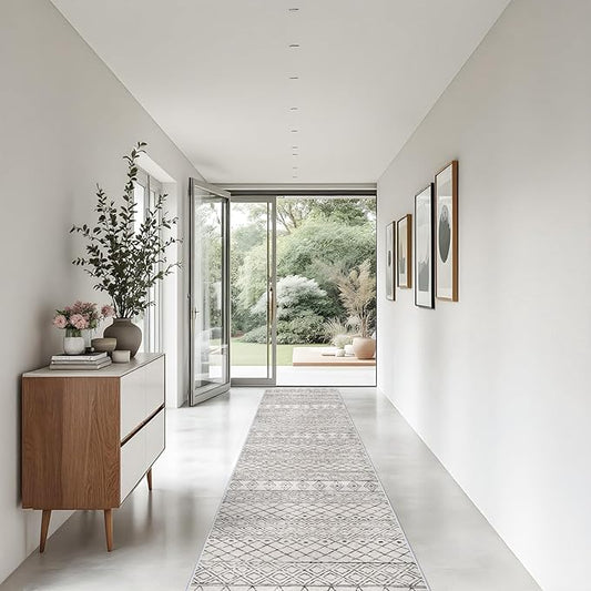 Washable Runner Rug 3x20 - Extra Long Runner Rugs for Hallways Low Pile Rug with Rubber Backing Floor Mat Non Slip Moroccan Indoor Carpet for Kitchen Bedroom Entryway 3x20 Geo Grey