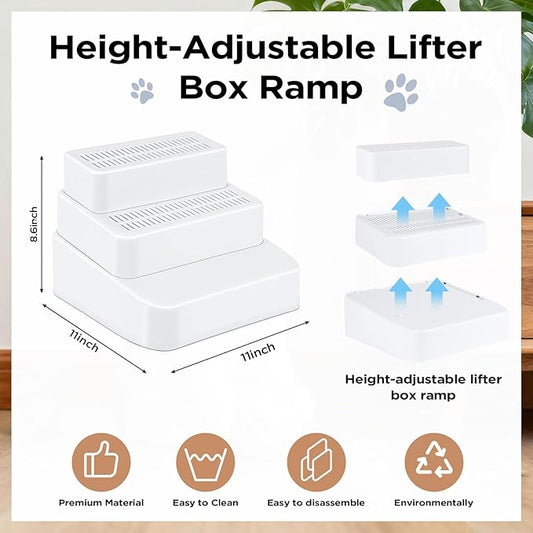 Adjustable 3 Steps Litter Box Ramp, Cat Ramp for Litter Box with Litter Trapper, Litter Box Step for Small & Elderly Cats, Fits Automatic Litter Boxes (White)