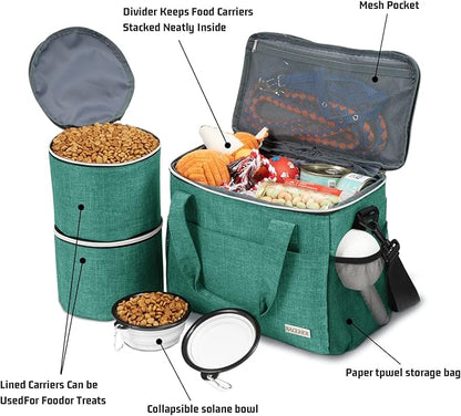 BAGLHER Dog Travel Bag Backpack Pet Supplies Backpack Pet Accessories Storage Bag 5-Piece Set With Shoulder Strap 2 Lined Pet Food Containers 4 Foldable Feeding Bowls Essential Kit for Pet travel