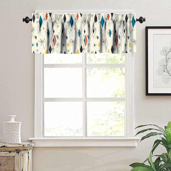 Mid Century Window Valance Curtains, Vintage Modern Abstract Geometric Pattern Retro Atomic Starburst 50s 60s Curtain Valance for Bedroom Living Room Kitchen 54x18inch