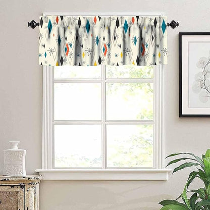 Mid Century Window Valance Curtains, Vintage Modern Abstract Geometric Pattern Retro Atomic Starburst 50s 60s Curtain Valance for Bedroom Living Room Kitchen 54x18inch