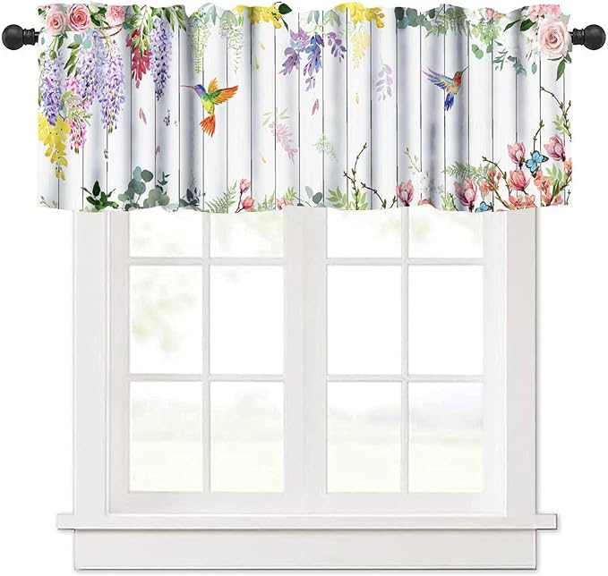 Vintage Flower Hummingbird Window Valance Curtains, Boho Watercolor Spring Bird Lavender Pink Floral Plant Valance Curtain for Farmhouse Bedroom Living Room Kitchen 54x18inch