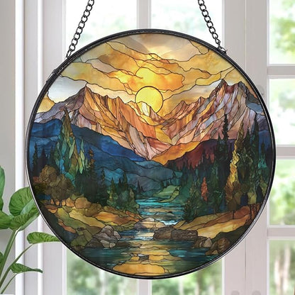 Sun Mountains Stained Glass Window Hanging, 7.8″ Sun Catchers with Hook Indoor Window Decor, Decorative Suncatchers Home Garden Art Gift for Thanksgiving Christmas Housewarming