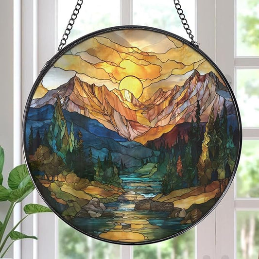 Sun Mountains Stained Glass Window Hanging, 7.8″ Sun Catchers with Hook Indoor Window Decor, Decorative Suncatchers Home Garden Art Gift for Thanksgiving Christmas Housewarming