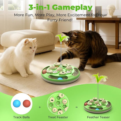 Cat Puzzle Toys Games Level 3 in 1 with Track Balls, Feather Teaser & Treat Feeder | Non-Slip Base | Mental Stimulation Enrichment for Indoor Cat, Dogs | Kitty Gift, Green