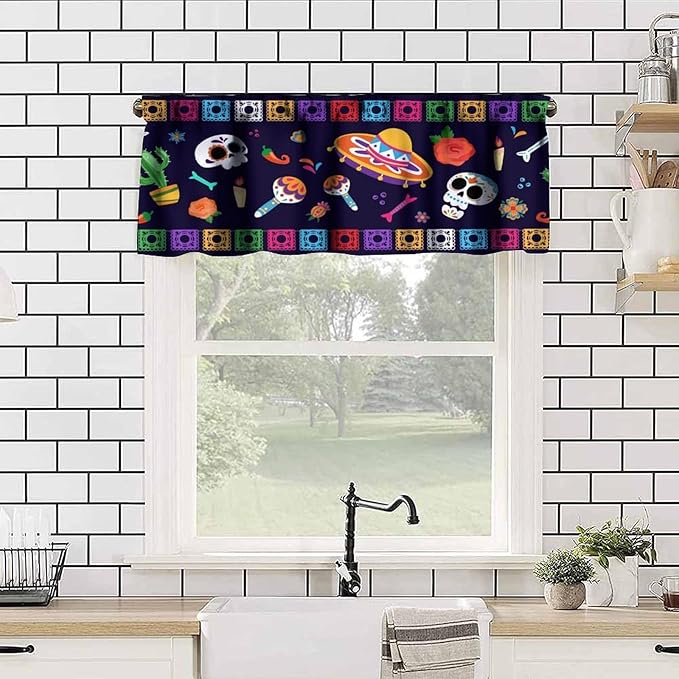 Mexico Valance Curtains Mexican Traditional Paper Lace Skull Pattern Window Treatment Valances Short Curtains Rod Pocket Drape for Dining Room Home Kitchen Decor, 54x18inch