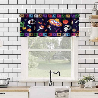 Mexico Valance Curtains Mexican Traditional Paper Lace Skull Pattern Window Treatment Valances Short Curtains Rod Pocket Drape for Dining Room Home Kitchen Decor, 54x18inch
