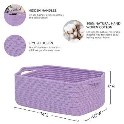 CubesLand Cute and Durable Small Cotton Rope Basket for Organizing, Woven Closet Storage Bin,Shelves Closet Storage Basket, Bathroom Storage Organizer Bin, Nursery Toy Basket Bin, Purple Basket