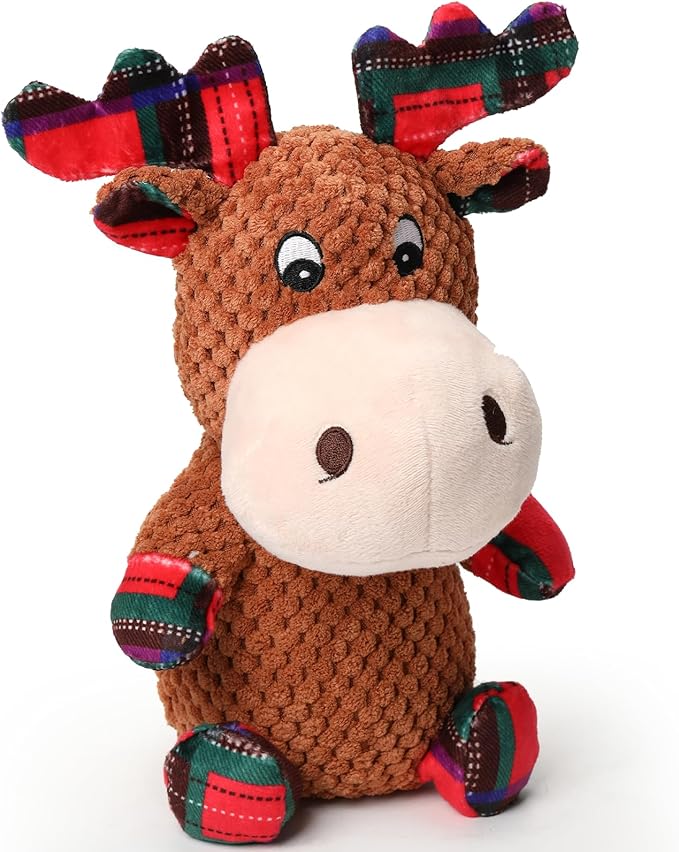 Christmas Dog Toys Plush Chew Toys for Dogs, Tough Stuffed Elk Squeaky Toy with Crinkle Paper, Adorable Xmas Reindeer Dog Toy, Dog Gifts for Small Medium Large Dogs to Keep Them Busy