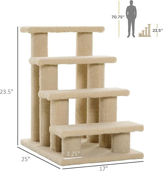 PawHut 25" 4-Step Multi-Level Carpeted Cat Scratching Post Pet Stairs - Cream White