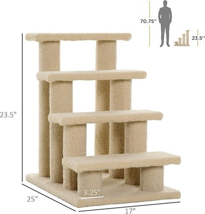 PawHut 25" 4-Step Multi-Level Carpeted Cat Scratching Post Pet Stairs - Cream White