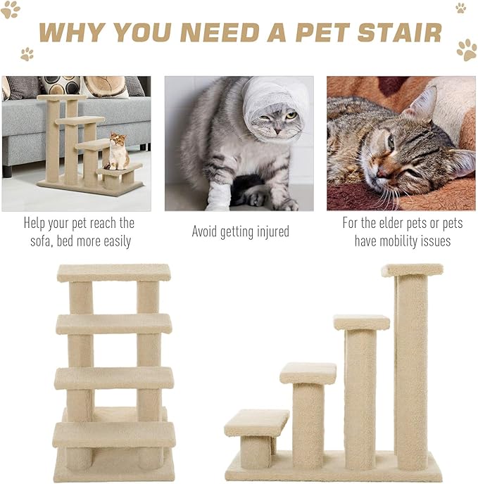 PawHut 25" 4-Step Multi-Level Carpeted Cat Scratching Post Pet Stairs - Cream White