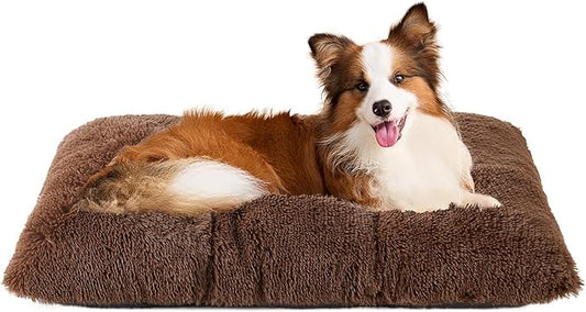 EHEYCIGA Fluffy Dog Crate Bed for Large Dogs, Plush Faux Fur Crate Pad, Calming Anti Anxiety Large Dog Bed, Washable Soft Warm Mat with Non-Slip Bottom, Coffee