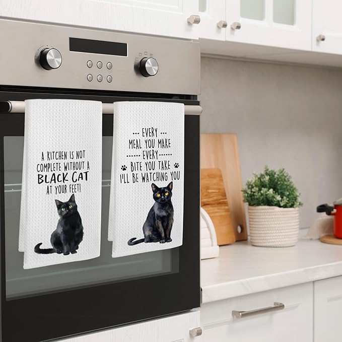 Funny Black Cat Kitchen Towels, Black Cat Mom Lady Lovers Gifts for Women Hand Towels, Gifts for Pet Lovers Dishcloths Dish Towel for Kitchen 16x24 Inches Set of 2
