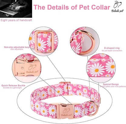 Pink Daisy Dog Collar, Cute Spring Flower Female Pet Collar with Metal Buckel, Soft Adjustable Designer Dog Collars for Small Medium Large Dogs L