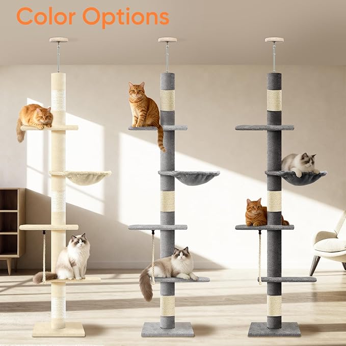 Cat Tree 5-Tier Floor to Ceiling Cat Tower with Cozy Hammock, 89-109 Inch Adjustable Height Sisal Scratching Post, Provides Vertical Enrichment for Jumping & Climbing, Beige