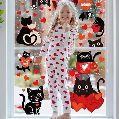 Whaline 6 Sheets Valentine' s Day Window Clings Window Decal Black Cat Red Love Heart Reusable Anti-Collision Windows Decor for Wedding Anniversary Home Party Supplies