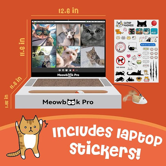 2PCS Cat Scratcher Laptop with 'Mouse' Jingle Ball, Stickers, 3-in-1 Cardboard Cat Interactive Toy, Kitten Toy & Cat Scratching Pad