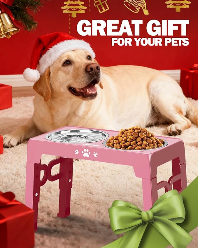 Elevated Dog Bowls, Non-Slip Dog Feeder with 1*Stainless Steel Dishes & 1*Slow Feeder Bowl, 5 Heights Adjustable Raised Bowls for 3.15″-8.66″-9.84″-11.02″-12.2″