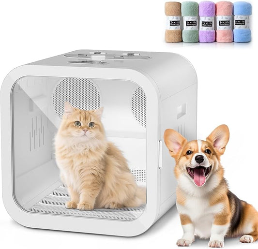 Automatic Pet Hair Dryer Box, 70L Dual Motor Fans Blower for Cats and Small Dogs, 360° Drying, Temperature Control, Self-Dryer Boxes with 4 Adjustable Speed Settings & 5 Drying Modes, 5 Towels, White
