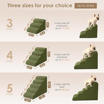 EHEYCIGA Curved Dog Stairs Ramp for High Beds 22.6" H, 5-Step Dog Steps for Small Dogs and Cats, Pet Stairs for High Bed Climbing, Non-Slip Balanced Pet Step Indoor, Olive Green