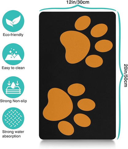 Dog Food Mats for Floors Absorbent, Cat Food Mat - Pet Cat Feeding Mat Quick Dry, Dog Bowl Mats for Water, Pet Supplies Feeding Placemat 12" x 20" Footprints Orange