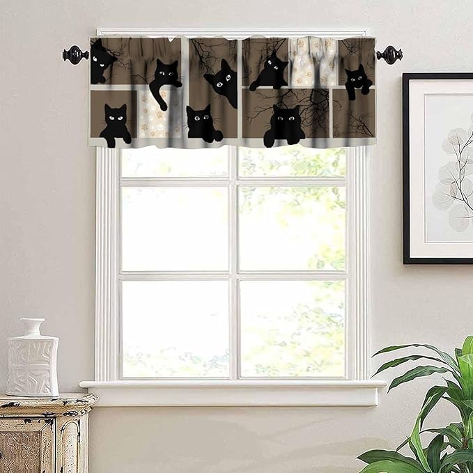 Cat Valances Curtain for Kitchen, Funny Black Cat Branches Brown Pattern Window Treatment Valances Short Curtains Rod Pocket Drape for Dining Room Home Farmhouse Decor, 54x18inch