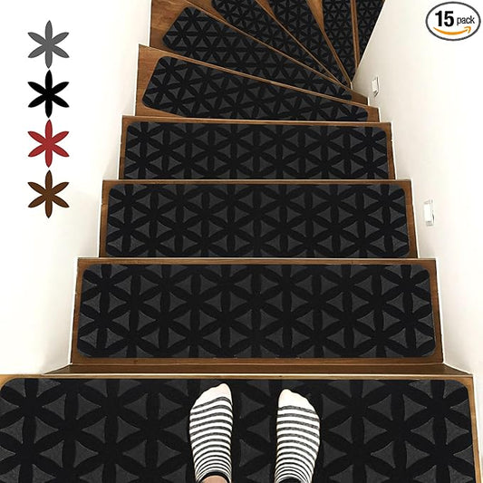 RIOLAND Non-Slip Carpet Stair Treads for Wooden Steps Indoor, 8" X 30", 15 Pack Peel and Stick Stair Treads Runners for Kids Elders and Pets, Black