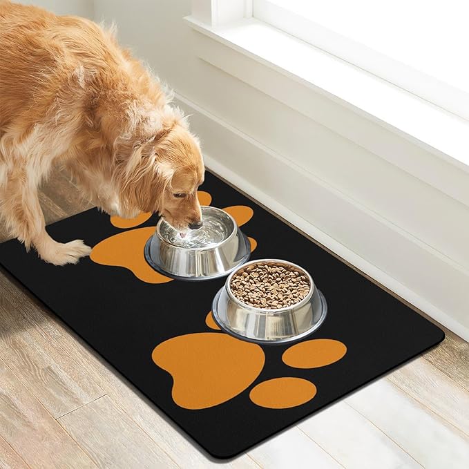 Dog Food Mats for Floors Absorbent, Cat Food Mat - Pet Cat Feeding Mat Quick Dry, Dog Bowl Mats for Water, Pet Supplies Feeding Placemat 16" x 24" Footprints Orange