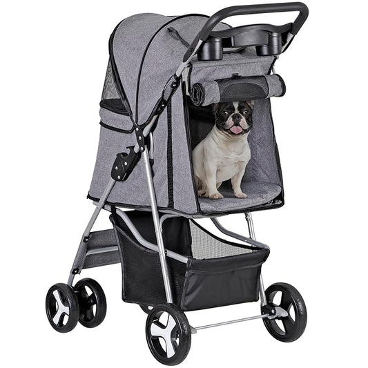 4 Wheels Dog Stroller Folding Pet Strolling Cart for Small Medium Cats Puppies Portable Jogger Travel Camping Puppy Carrier with Storage Basket Cup Holder, Gray