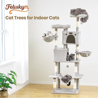 Large Cat Tree Tower for Indoor Cats Adult, 74.8 Inch Tall Multi-Level Kitty Condo with Scratching Posts, Perch, Hammock, Plush Bed for Big Cats, Modern Cat Furniture Heavy Duty (Light Grey)