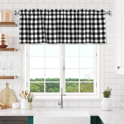 Black and White Checkerboard Curtain Valance Short Rod Pocket Window Treatment for Living Room Bedroom Kitchen Bathroom 1 Panel 54" W x 18" L