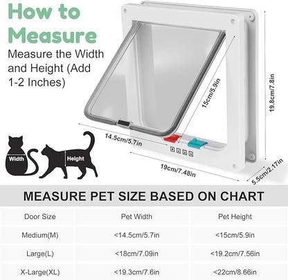 Cat Door- 4-Way Locking Option, Weatherproof & Secure Cat Flap with Easy Installation Kit for Interior/Exterior Doors and Walls (M)