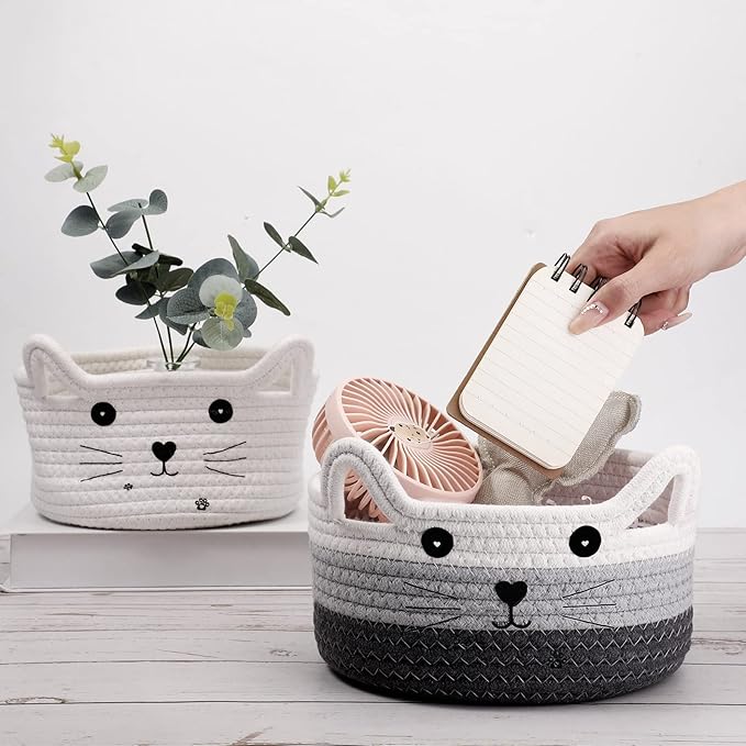 Zopeal Cat Basket Storage Woven Organizer with Ears Easter Decorative Pet Toy Cute Cotton Rope Basket for Gift Cat Dog Toy Bin Nursery Room(8.3 x 4.7 Inch,White, Light Gray and Gray)