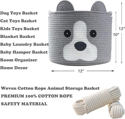 Medium Dog Woven Baskets with Handle, Dog Toy Hamper, Cotton Rope Dog Toy Storage Baskets for Pet, Animal Basket for Kids, Baby Gift Baskets for Dog Lovers, Grey