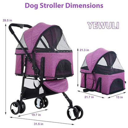 Cat& Dog Stroller Pet Strollers 3 Wheel Doggy Stroller for Small Medium Dogs 3-in-1 Detachable Travel Carrier Pet Gear Stroller Wagons for Dogs Trolley for Cat Doggie Rabbit Puppy, Purple