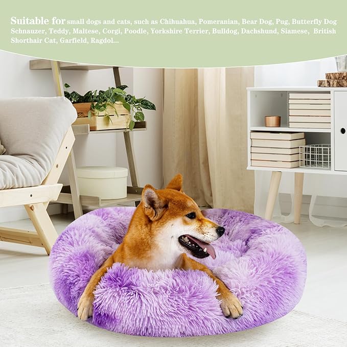 Calming Dog Bed for Medium Dogs Cats, Puppy 31'' Round Anti-Anxiety Warm Fluffy Plush Faux Fur Bed, Soft Anti-Slip Donut Washable, Cozy Medium Puppy Bed, Fits up to 50 lbs Pets