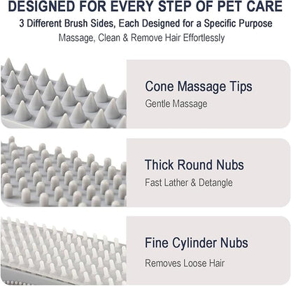 3-in-1 Triangular Dog Bath Brush for Dogs & Cats, Silicone Pet Grooming Brush with Deshedding Bristles, Massage Cones & Deep Cleaning Nubs, Black