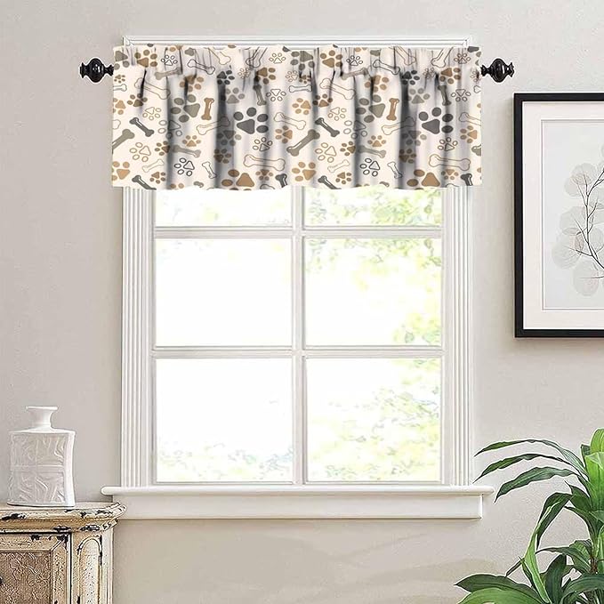 Paw Valances Curtain for Kitchen, Brown Beige Dog Paw Bone Window Treatment Valances Short Curtains Rod Pocket Drape for Dining Room Home Farmhouse Decor, 54x18inch