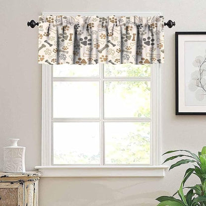 Paw Valances Curtain for Kitchen, Brown Beige Dog Paw Bone Window Treatment Valances Short Curtains Rod Pocket Drape for Dining Room Home Farmhouse Decor, 54x18inch