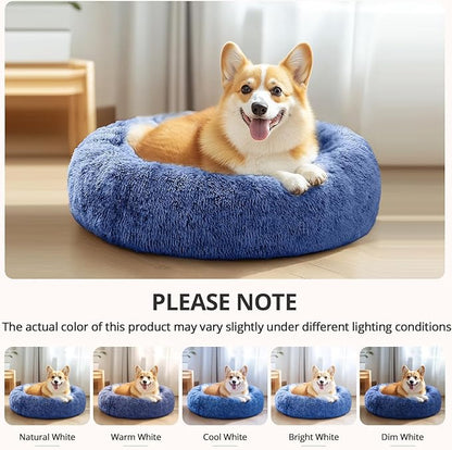 JOLLYVOGUE Calming Dog Beds Large Sized Dog, 36in Donut Washable Large Pet Bed, Anti-Slip & Anti-Anxiety Fluffy Faux Fur Round Dogs Bed, Fits up to 80 lbs Pets (Navy Blue)