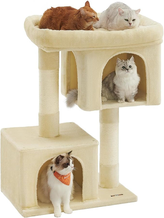 Feandrea Cat Tree, 40.6-Inch Cat Tower, Plush Condo for Extra Large Cats up to 44 lb, Large Perch, 2 Caves, Scratching Post, Beige UPCT614M01