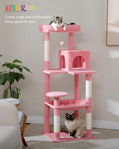 MUTTROS Cat Tree for Large Cats with Metal Plush Big Hammock, 56.3" Cat Tower for Indoor Cats with 2 Door Condo House, 6-Tier Cat Shelves with Scratching Posts and Large Top Perch, Pink