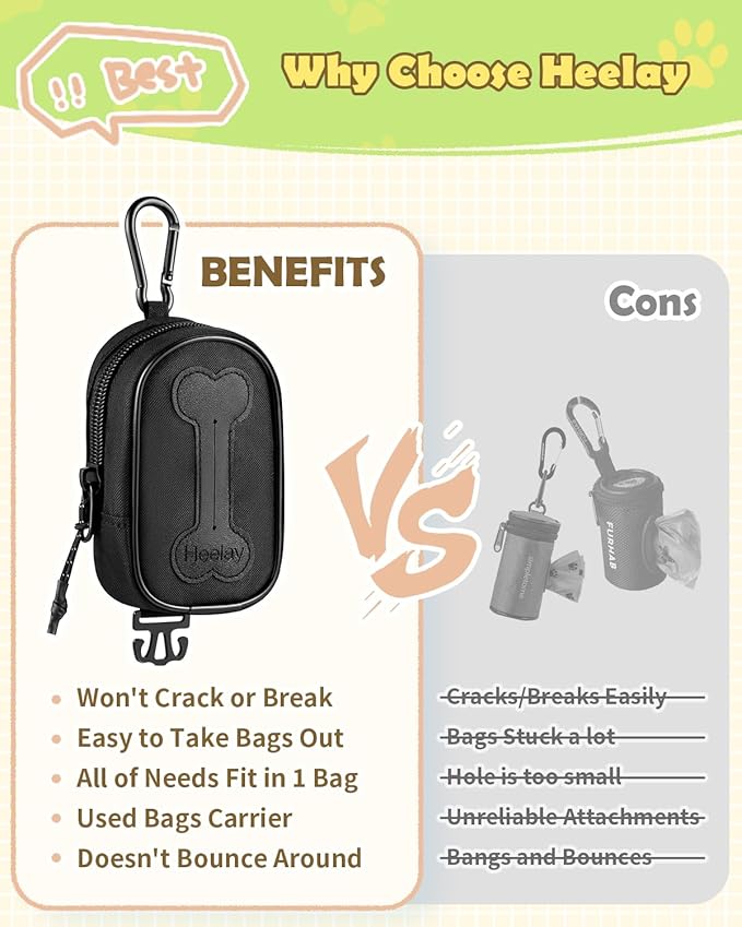 Dog Poop Bag Holder, Hands Free Cute Dog Poop Bag Dispenser for Leash with Big Opening Pet Waste Bag Holder Zippered Pouch with Carabiner Hook Waterproof Pet Poop Bag Holder Black