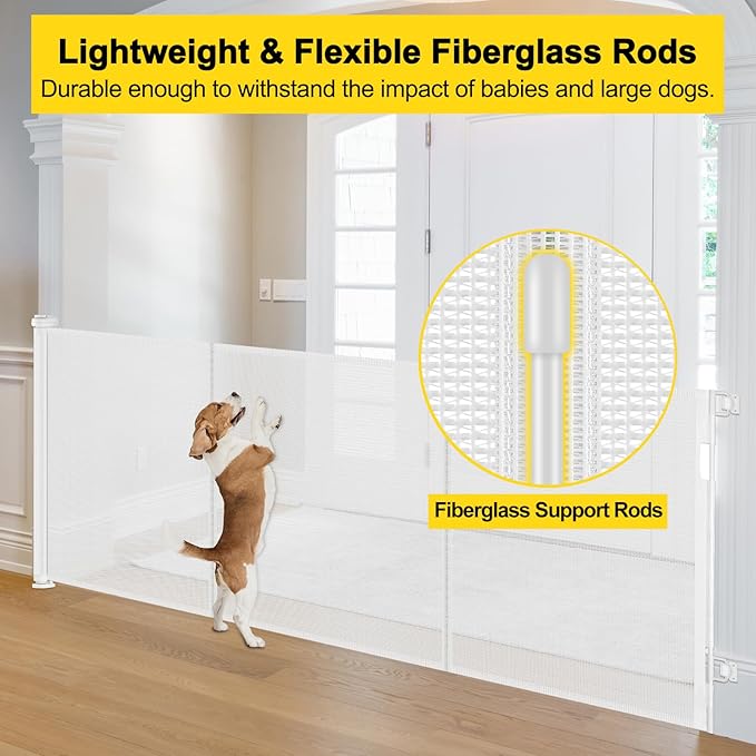 Reinforced 42” Tall x 160” Extra Wide Retractable Baby Gates with Support Rods, Extra Tall Baby Gate for Wide Openings, Pet Gates for Dogs Extra Wide Dog Gates for Doorways Indoor Outdoor, White